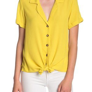 Yellow Socialite Front Tie Solid Camp Shirt